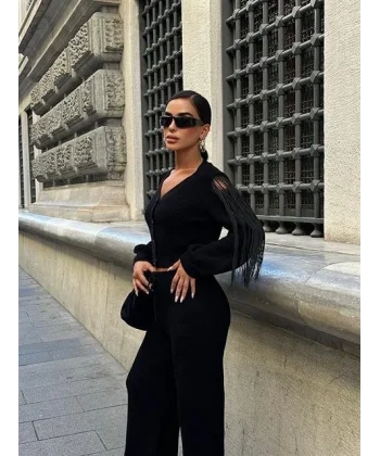 Püskül Detaylı Hırka Pantolon Triko Takım 9967