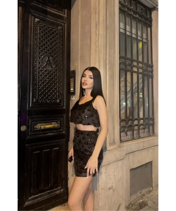 PÜSKÜL PAYET CROP BLUZ-KISA ETEK TAKIM - Siyah