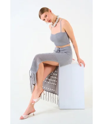 Püsküllü Etekli Takım  Gri