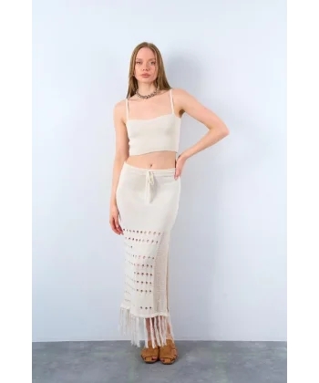 Püsküllü Etekli Takım  Krem