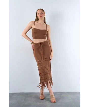 Püsküllü Etekli Takım  Süt Kahve