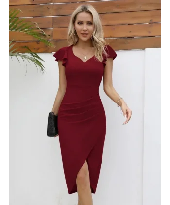 QKadın Kısa Kollu Kalp Yaka Yanlardan Büzgü Detay Midi Ithal Krep Elbise