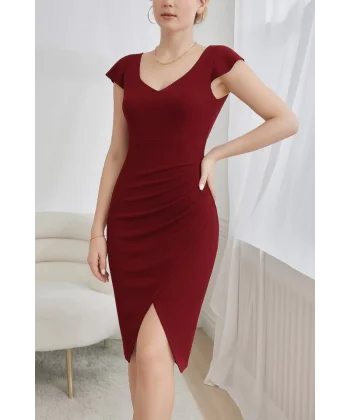 QKadın Kısa Kollu Kalp Yaka Yanlardan Büzgü Detay Midi Janjan Krep Elbise