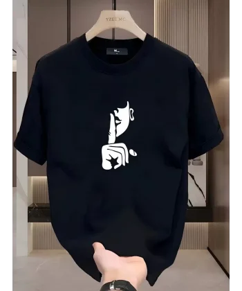 Rahat Bisiklet Yaka Tişört, Yaratıcı Karikatür Baskı - Yumuşak Polyester, Her Mevsim Giyilebilir- Siyah