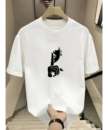 Rahat Bisiklet Yaka Tişört, Yaratıcı Karikatür Baskı - Yumuşak Polyester, Her Mevsim Giyilebilir- Beyaz