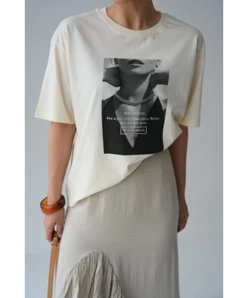 Resim Baskılı T-Shirt - Ekru