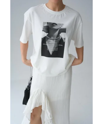 Resim Baskılı T-Shirt - Krem