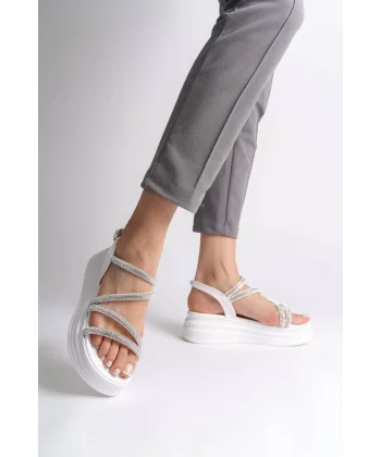 RILEY İnce Tokalı Taşlı Şeritli Ortopedik Taban Kadın Sandalet CBT - Beyaz