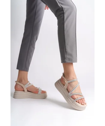 RILEY İnce Tokalı Taşlı Şeritli Ortopedik Taban Kadın Sandalet  CKT - Krem