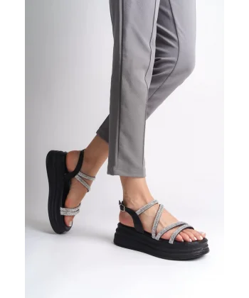 RILEY İnce Tokalı Taşlı Şeritli Ortopedik Taban Kadın Sandalet  CST - Siyah