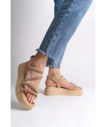 RILEY İnce Tokalı Taşlı Şeritli Ortopedik Taban Kadın Sandalet CTT - Ten