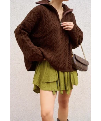 Saç Örgülü Fermuarlı Kazak  Acı Kahve