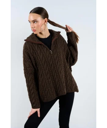 Saç Örgülü Fermuarlı Kazak  KAHVE