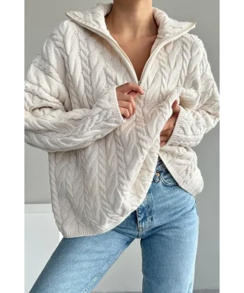 Saç Örgülü Fermuarlı Kazak  Krem