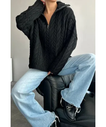 Saç Örgülü Fermuarlı Kazak  Siyah