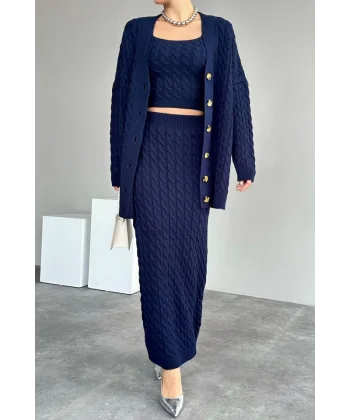 Saç Örgülü Üçlü Takım  Lacivert