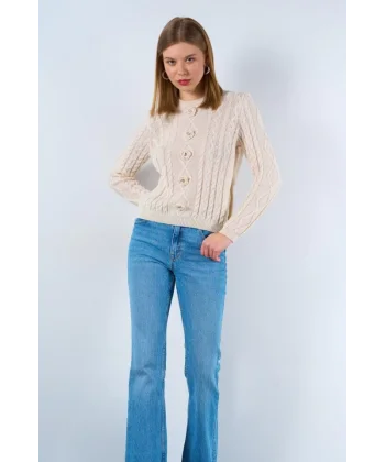 Saçl Örgülü Çiçekli Kazak  Krem