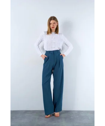 Saçl Örgülü Çiçekli Kazak  Optik Beyaz