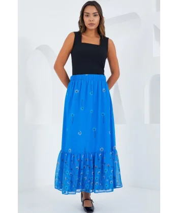 Saks Desenli Şifon Etek 8010