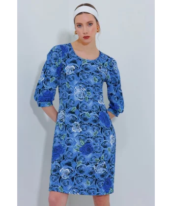 Saks Gül Desenli Midi Elbise 2477