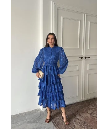 Saks Valonlu Şeritli Kat Kat Elbise