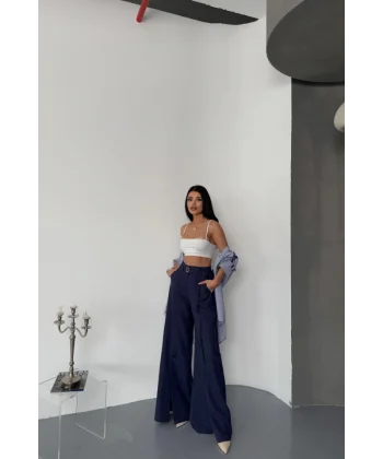 SALAŞ ÖNDEN YIRTMAÇ DETAYLI BEL KEMERLİ PANTOLON - Lacivert