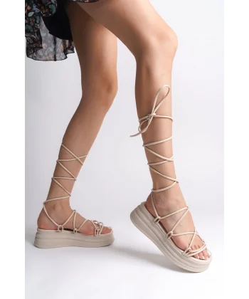 SAMANTHA Bilekten Bağlamalı Ortopedik Taban Kadın Terlik  CKT - Krem