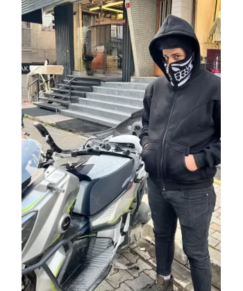 Samuray Kapşonlu ZIP Fermuarlı Çift Kapşonlu Nakışlı SweatShirt- Siyah