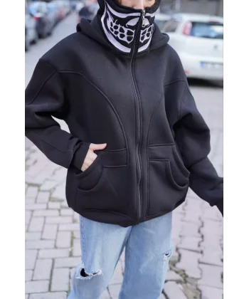 Samuray Kapşonlu ZIP Fermuarlı Çift Kapşonlu Nakışlı SweatShirt- Siyah