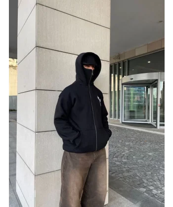 Samuray kapüşonlu ZIP Fermuarlı kapüşonlu SweatShirt - Siyah