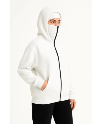 Samuray Ninja Çift Kapşonlu ZIP Fermuarlı Kanguru Çepli Hoodie Maske Detaylı Swetshirt - Beyaz