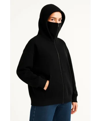 Samuray Ninja Çift Kapşonlu ZIP Fermuarlı Kanguru Çepli Hoodie Maske Detaylı Swetshirt - Siyah