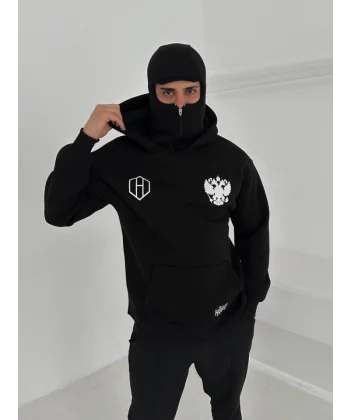 Samuray Ninja Çift Kapşonlu ZIP Fermuarlı Kanguru Çepli Tam Fermuarlı Hoodie ön Ve Arka Baskılı Maske Detaylı Swetshirt - Siyah