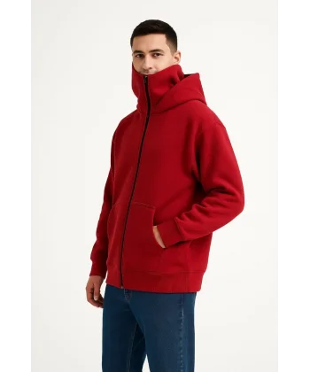 Samuray Ninja Çift Kapşonlu ZIP Fermuarlı Kanguru Çepli Tam Fermuarlı Hoodie Swetshirt - Kırmızı