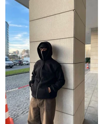 Samuray Ninja Çift Kapşonlu ZIP Fermuarlı Kanguru Çepli Tam Fermuarlı Hoodie Swetshirt - Siyah
