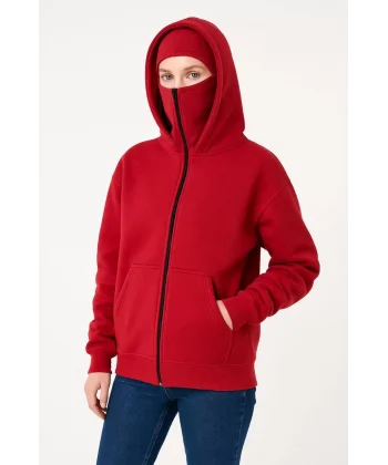 Samuray Ninja Çift Kapüşonlu Kadın Hoodie Oversize Kanguru Cepli, Bahar & Kışlık Fermuarlı Sweatshirt- Kırmızı