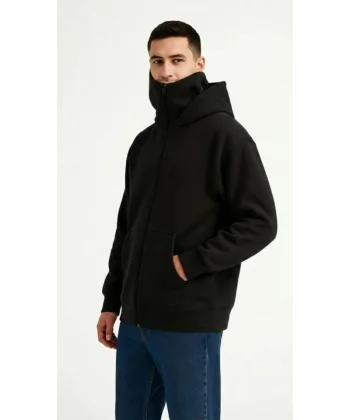 Samuray Ninja Çift Kapüşonlu ZIP Fermuarlı Kanguru Cepli Tam Fermuarlı Hoodie Sweatshirt - Siyah