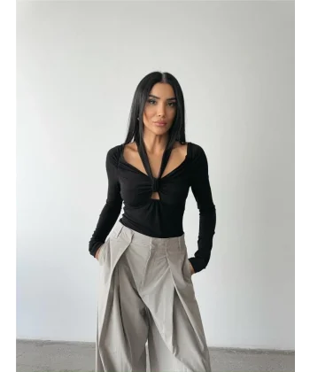 SANDY BODYSUİT ÖNDEN BAĞLAMA DETAYLI - Siyah