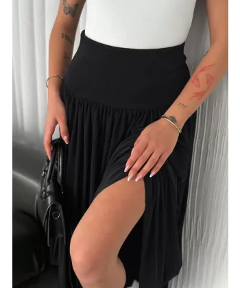 Sandy Uzun Beli Lastikli Yüksel Bel Etek Yazlık - Siyah