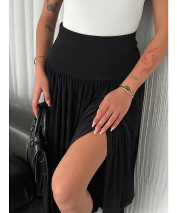 Sandy Uzun Yüksel Bel Etek - Siyah