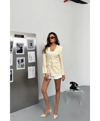 ŞANTUK KETEN TASARIM CEKET İP BAĞLAMALI - Bej