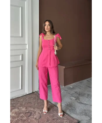 ŞANTUK KETEN YELEK GÖRÜNÜMLÜ  ASKILI BLUZ - PANTOLON TK - Fuşya