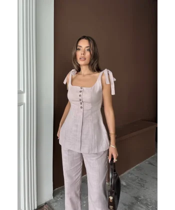 ŞANTUK KETEN YELEK GÖRÜNÜMLÜ  ASKILI BLUZ - PANTOLON TK - Lila