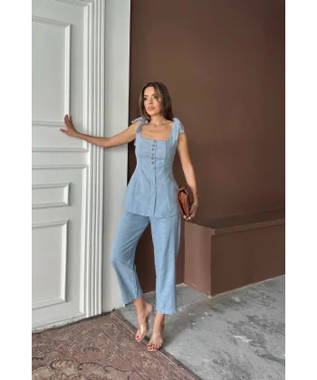 ŞANTUK KETEN YELEK GÖRÜNÜMLÜ  ASKILI BLUZ - PANTOLON TK - Mavi
