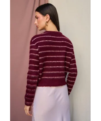 Şardonlu İnce Çizgili Hırka - Bordo-Vanilya