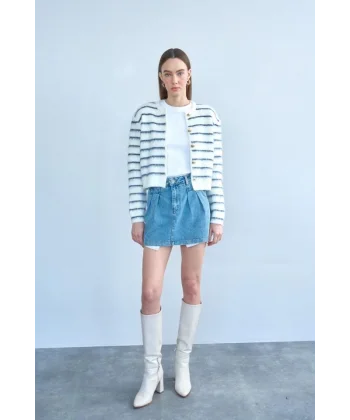 Şardonlu İnce Çizgili Hırka - Kemik-Lacivert