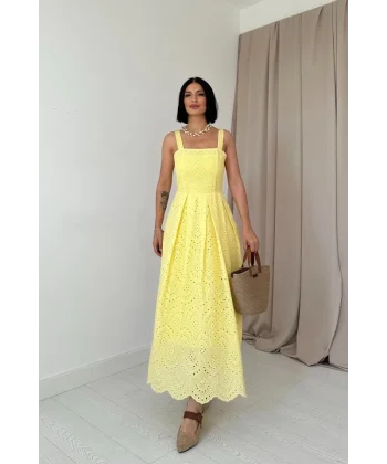 Sarı Askılı Aparatlı Brode Elbise