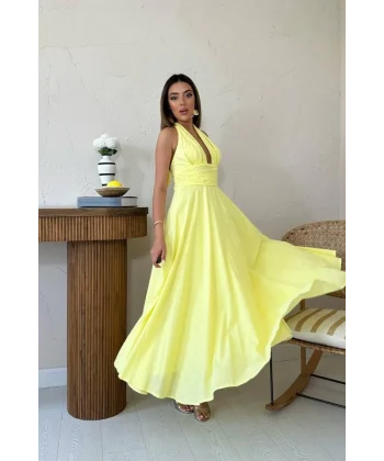 Sarı Askılı Keten Elbise