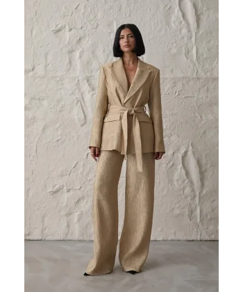 Sarı Beli Kuşaklı Ceket Ve Pantolon Parlak Takım