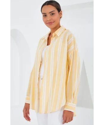 Sarı Beyaz Çizgili Oversize Keten Gömlek 20251